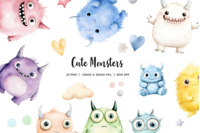 Watercolor cute monsters clipart. Monster birthday set