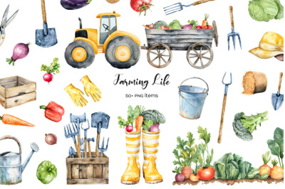 Watercolor farming life clipart. Village life elements. Gardening item