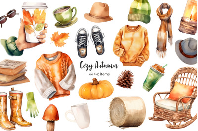 Watercolor autumn clipart. Cozy autumn clip art. Watercolor seasonal