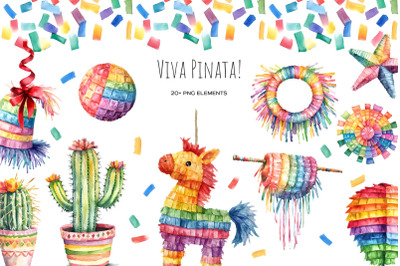 Watercolor colorful pinata clipart. Mexican 16 pinata set