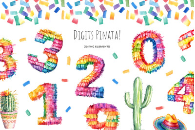 Watercolor digits pinata clipart. Mexican colorful 0-9 numbers pinata.