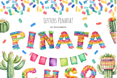 Watercolor letters pinata clipart. Mexican colorful A-Z letters pinata