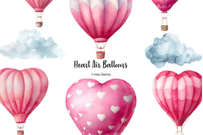 Watercolor heart shape air balloon clipart Pink hot air balloon heart