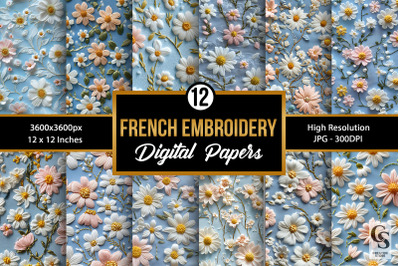 French Daisy Floral Embroidery Seamless Patterns