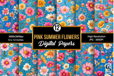 Pink and Teal Summer Watercolor Floral Pattern