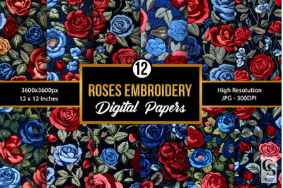 Red and Blue Rose Embroidery Seamless Pattern