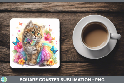 Pampas Cat Square Coaster Wild Cats Rainbow Summer Sublimati