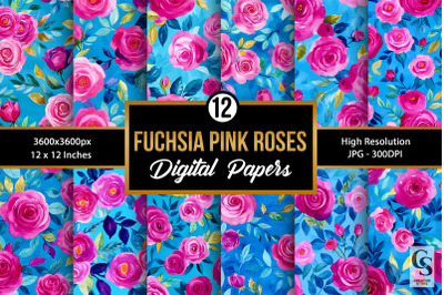 Fuchsia Pink Watercolor Roses Seamless Pattern