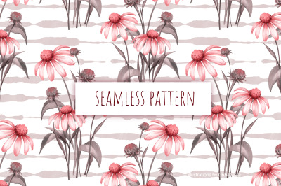 Pink Echinacea Floral Seamless Pattern