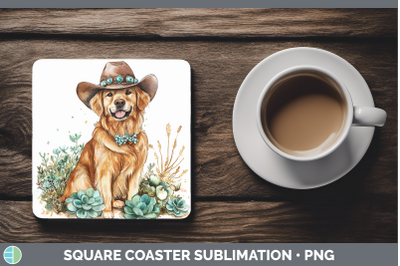 -09 Golden Retriever Square Coaster Western Cowboy Dogs Subl