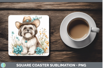 Lhasa Apso Square Coaster Western Cowboy Dogs Sublimation Dr