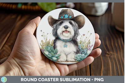 Old English Sheepdog Round Coaster Western Cowboy Dogs Subli