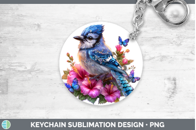 Blue Jay Keychain Birds 01 Floral Summer Sublimation Keyring