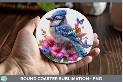 Blue Jay Round Coaster Birds 01 Floral Summer Sublimation Co