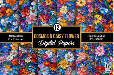 Impasto Painted Cosmos &amp; Daisy Flowers, Textured Oil Paint Florals