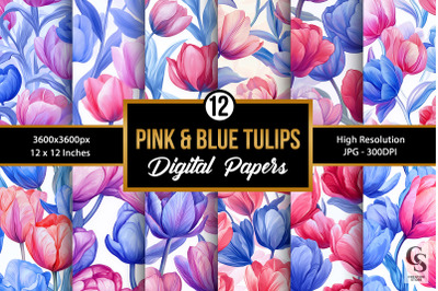 Pink and Blue Tulip Flowers, Pastel Spring Floral Patterns
