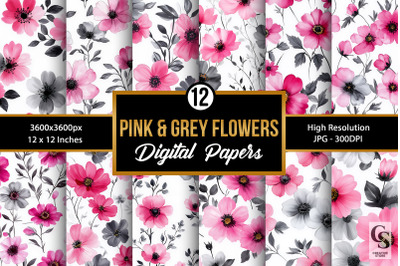 Pink Grey Watercolor Flowers Seamless Patterns