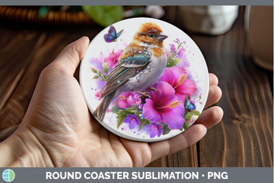 Pine Grosbeak Round Coaster Birds 01 Floral Summer Sublimati