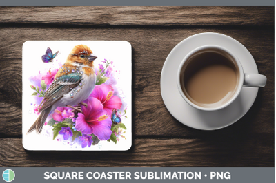 Pine Grosbeak Square Coaster Birds 01 Floral Summer Sublimat