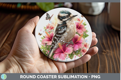 Woodpecker Downy Round Coaster Birds 01 Floral Summer Sublim