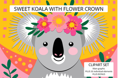Sweet Koala Flower Crown Clipart Set