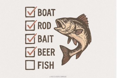 Boat Rod Bait Beer Fish PNG, Funny Fishing Checklist Design, Digital D