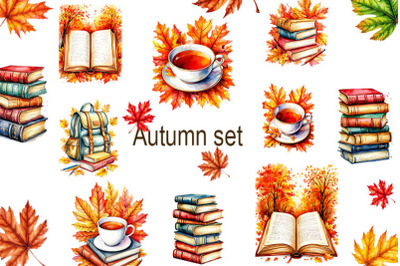 Autumn, Library, book, Clipart PNG, Autumn set, Book, cup, backpack