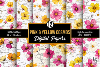 Pink and Yellow Cosmos Flowers Seamless Pattern   Included   12 Digita