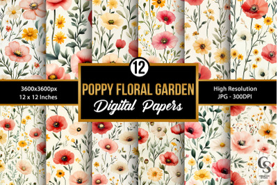 Poppy Watercolor Flowers Seamless Pattern