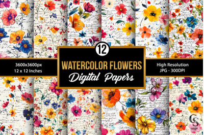 Watercolor Spring Flowers with Handwriting Seamless Pattern   Included
