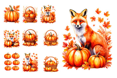 Fox with orange pumpkin and autumn leaves. PNG