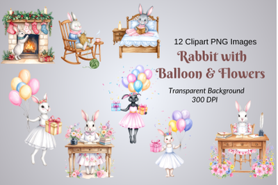 Rabbit with Balloon &amp; Flowers Clipart Pack