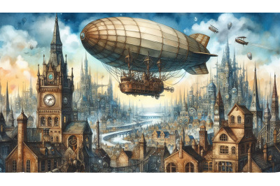 Airship Over Victorian City