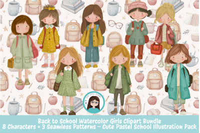Back to School Watercolor Girls Clipart Bundle