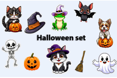 Halloween Stickers, Ghost, Cat, Bat, Frog, Dog, Skeleton,PNG\JPEG