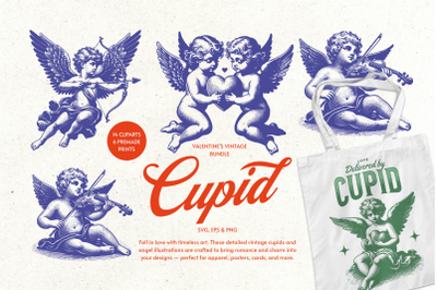 Vintage Cupid &amp; Angel Bundle  14 Illustrations + 6 Pre-Made Prints