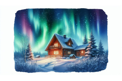 Cottage Under Glowing Aurora Sky