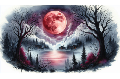Crimson Moon Over Haunted Lake