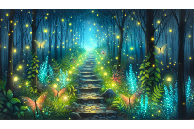 Fireflies in Magical Forest Path