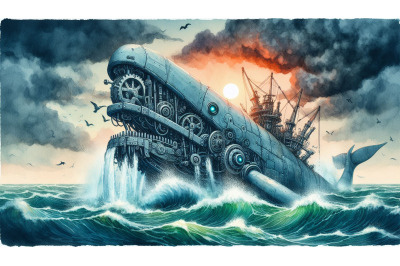 Mechanical Whale in Ocean Storm