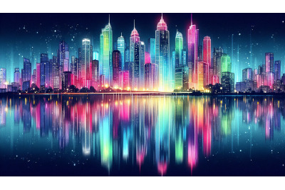 Neon Skyline Water Reflection