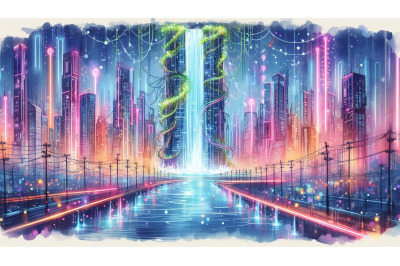 Neon Waterfall Cityscape Vision
