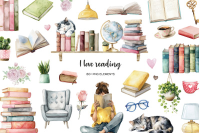 Watercolor Book lover clipart Book lovers day I Love Reading set