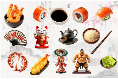 Japan, tempura, sushi, rolls, sauce, fan, teapot, carp,PNG
