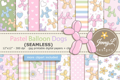 Pastel Balloon Dog SEAMLESS Digital Paper and Clipart