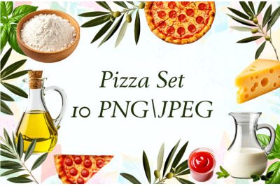 Pizza set. Pizza, cheese, flour, milk, ketchup, olive oil