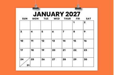 2027 8.5 x 11 Inch Large Number Calendar Template