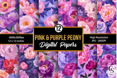 Pink and Purple Peony Flowers Seamless Pattern
