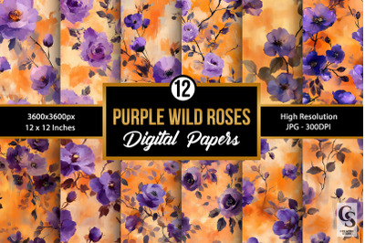 Purple Orange Watercolor Roses Seamless Pattern