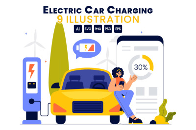9 Electric Car Battery Charging Illustration